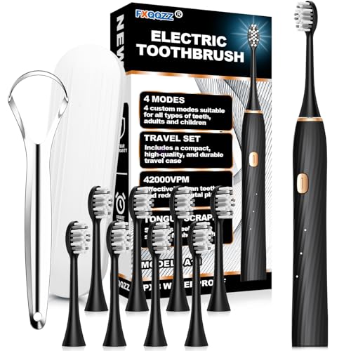 Image of FXQQZZ Electric Toothbrush for Adults and Kids, with Tongue Scraper and Travel Case, 8 Brush Head, Smart Timer & 4 Modes Rechargeable Toothbrush, 42000 VPM Deep Clean, One Charge Last 90 Days - Black