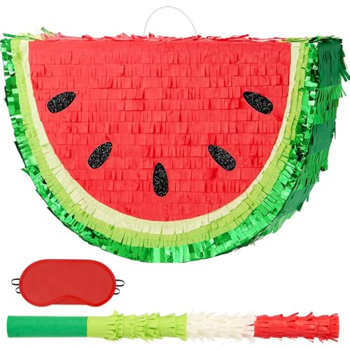 WERNNSAI Pinata pastèque – Décorations de fête d'anniversaire sur le thème des fruits d'été avec bandeau pour les yeux et chauve-souris pour l'été, fournitures de fête tropicale, fêtes, carnaval