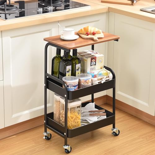 Image of KRISHYAM Rolling Storage Organizer with Wooden Tabletop, Metal Utility, Lockable Wheels for Kitchen, Office, Bedroom (2-Layer Square with Wooden Top)