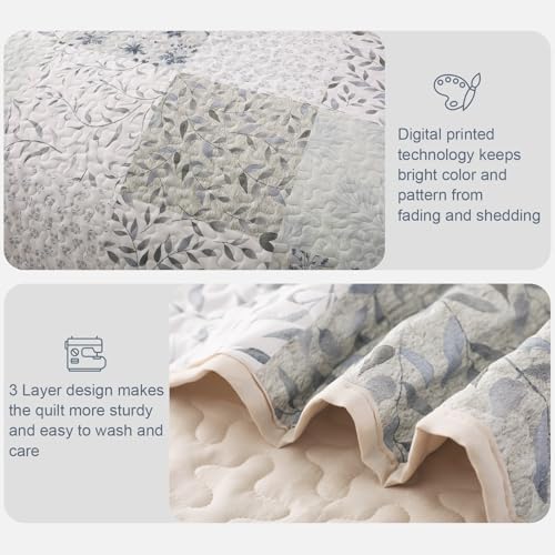 Exclusivo Mezcla Reversible Boho Quilt Set Queen Size, 3 Pieces Patchwork Gray All Season Bedspreads, Ultra Soft Floral Coverlet Bedding Set with Printed Pattern (1 Quilt, 2 Pillow Shams)
