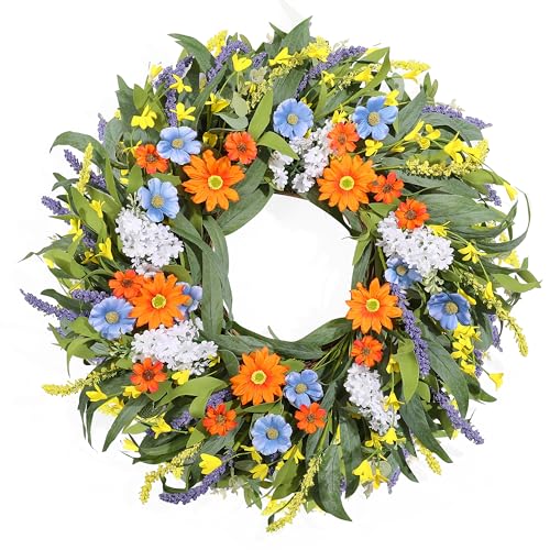 Summer Wreath for Front Door 24 Inch Spring Floral Wreaths with Artificial Daisy and Lavender for All Season Home Decor Easter Indoor Outdoor Wall Home Celebrations