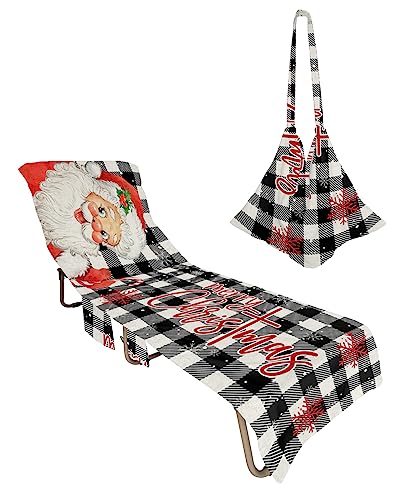 Christmas Santa Beach Chair Towel Covers for Chaise Lounge with Side Pocket, Soft Plush Pool Towels Cover for Patio Sunbathing Outdoor 29''x85'' Winter Snowflake Buffalo Plaid Black