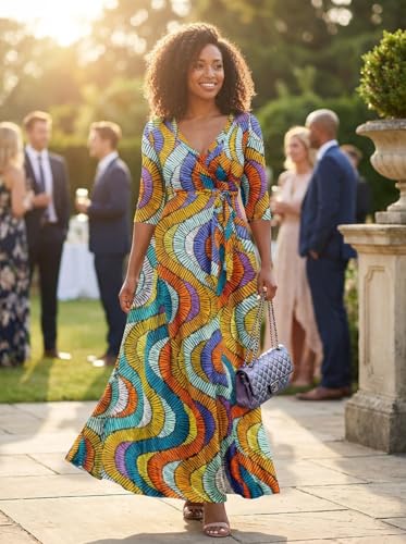 Image of Yajedo Womens Casual Summer Maxi Dress Plus Size Sexy Wrap V Neck 3 /4 Sleeve Sundress with Pockets
