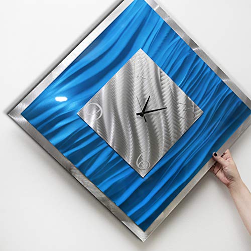 Statements2000 Square Blue & Silver Abstract Metal Wall Clock - Metallic Functional Metal Wall Art Accent Time-Keeper - Blue Ice By Jon Allen - 24 Inch #TOP3