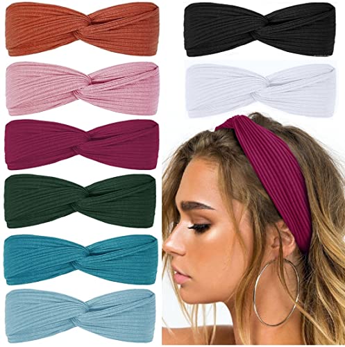 Huachi Headbands for Women Twist Knotted Boho Stretchy Hair Bands for Girls Criss Cross Turban Plain Headwrap Yoga Workout Vintage Hair Accessories, Solid Color, 8Pcs