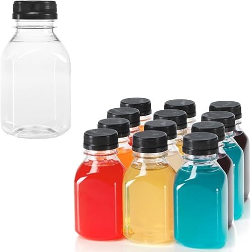 12 Botellas de plástico transparente de grado alimenticio de 8 onzas botellas con tapa para jugo paquete de 12 negro