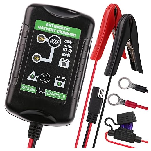 6V 12V 1.5A Trickle Battery Charger, Universal Power Battery Maintainer for Car, Automotive, Vehicle, Motorcycle, Lawn Mower, Marine, Boat, Snowmobile, ATV, RV, SLA AGM GEL CELL Lead Acid Battery
