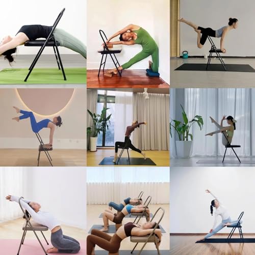 MZZKFC Backless Double Beam Yoga Auxiliary Foldable Chair with Foot Pads, Balance Handstand Training Tool with PU Cushion, Yoga Chair for Waist/Leg Exercise(Yellow)