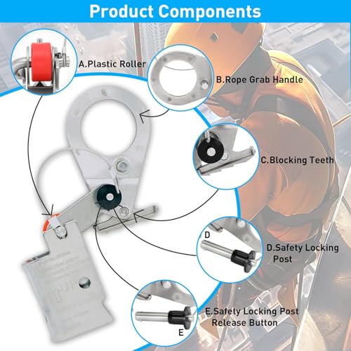 Image of Rope Grab Fall Protection Automatic Energy Absorbing, Used with 5 /8 inch - 3 /4 inch Lifeline Rope, Automatic Lock System, Comply to ANSI /OSHA