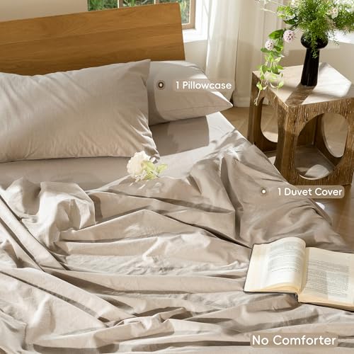 Image of MooMee Duvet Cover Set 100% Washed Cotton Linen Like Twin | Relaxed Linen-like Texture. Soft, Breathable & Long-lasting Comfort. Lightweight. Hidden Zipper with 8 Interior Corner Ties