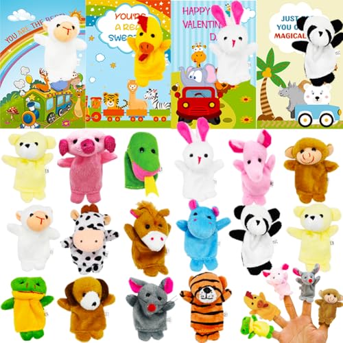 Valentines Day Card with Plush Animal Finger Puppet Toys Sets, 16Pcs Cartoon Hand Puppets for Kids Valentine's Day Preschool Classroom Exchange...