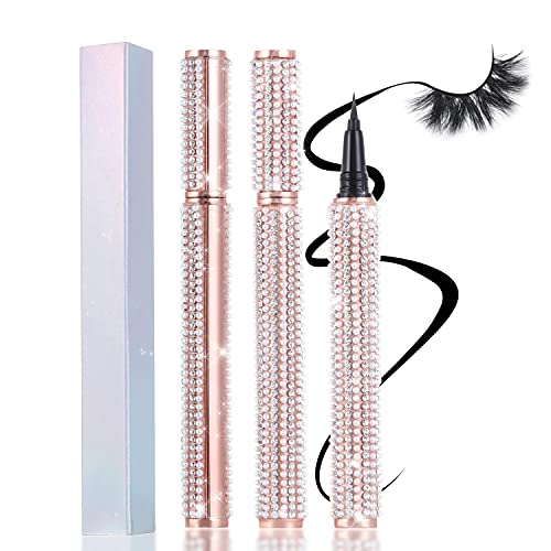 Upgraded Self-adhesive Eyeliner Pen, 2 in 1 Eye Liner Pen, Diamond Bling Glitter Liquid Eyeliner, No Glue Non Magnetic, Eye Liner for Eye Makeup and Wear Normal False Eyelashes Style A-Black