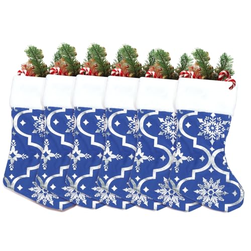 SquarePie Christmas Stockings 18 inches 6 Pack Royal Blue Large Hanging Snowflake Socks Xmas Bags Ornaments for Family Party Holiday Decor