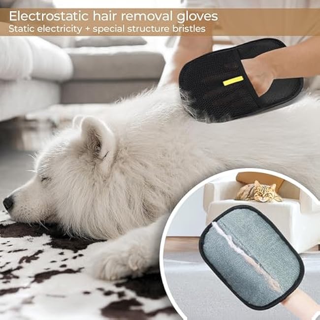 2-in-1 Pet Hair Remover Set - Pet Hair Removal Gloves ¨C Electrostatic Grooming Gloves & Lint Remover Brush to Clean Cat & Dog Hair on Couch, Furniture, Carpet, Rug, Pet Bed, Curtain, & Upholstery-oBaGIdvm
