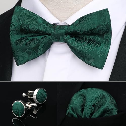 Image of HISDERN Bow Ties for Men Pretied Bow Tie Set Paisley Classic Bowties and Pocket Square Cufflinks Set for Wedding Party