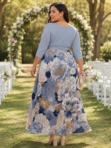 Image of SUZONANA Plus Size Maxi Dresses for Curcy Women Casual Loose 3 /4 Sleeve Long Dress with Belt