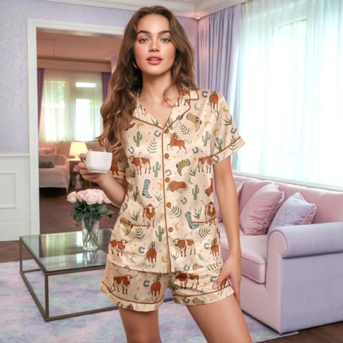 Image of HUNTFAMI Womens Soft Silky Satin Pajamas Set, 2 Pcs Sleep Short Pajamas for Mom and Grandma Button Down Summer Loungewear