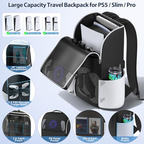 backpack for ps5 slim pro console full protection ps5 carrying case travel bag large capacity ps5 storage bag for dual controllers ps portal laptop game cards ps5 backpack with 3 cable pouch