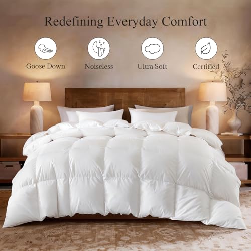 Globon Winter White Goose Down Comforter King Size,Down Duvet Insert, 800 Fill Power, 420 Thread Count,Ultra Soft Noiseless Shell with Corner Tabs, White