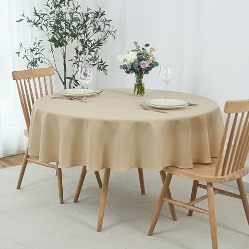 Image of maxmill Round Weaved Texture Design Tablecloth Spill-Proof Wrinkle Free Soft Washable Table Cloth for Circular Table Cover, for Dining Room Buffet Banquet Parties Holiday Dinner, 70 Inch Natural