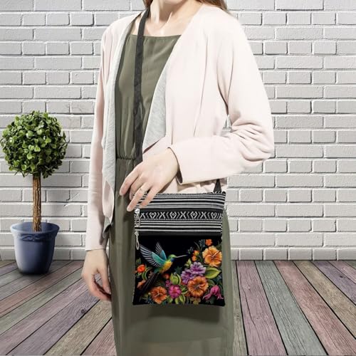 Floral Hummingbird Messenger Bag Small Ethnic Pattern Printed Adjustable Strap Crossbody Zipper Bag Floral Hummingbird Phone Bag Wallet Cute Shoulder Handbag for Women Friends -33