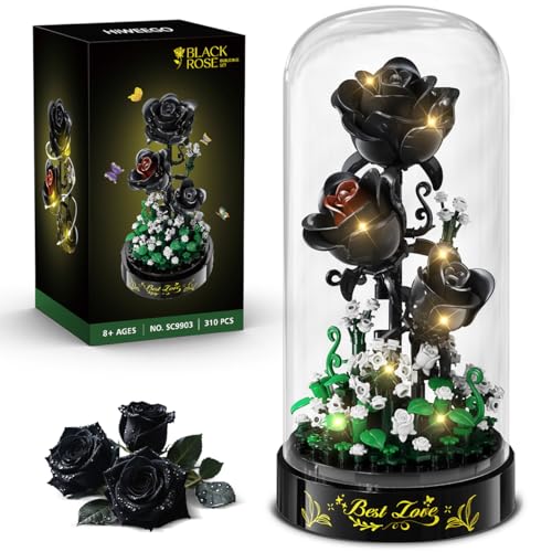HiWEEGO Set da costruzione per bouquet di fiori con luci a LED, 310 pezzi, kit di blocchi di rosa nera con coperchio, collezione botanica di fiori, regalo di San Valentino per ragazze, adulti, donne