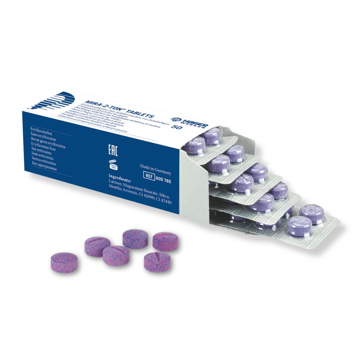 Miradent Mira-2-Ton® Lot de 50 comprimés à croquer à colorier en tant que test de plaque avant le brossage des dents prouvé fiable et motivant, sans érythrosine et sans gluten