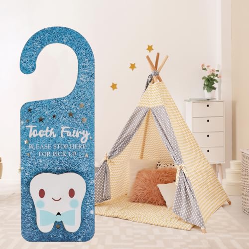Image of Tooth Fairy Door Hanger Set with Keepsake Bottle and Pouch, Pink Glitter Design, 3 Pieces (Glitter Blue)