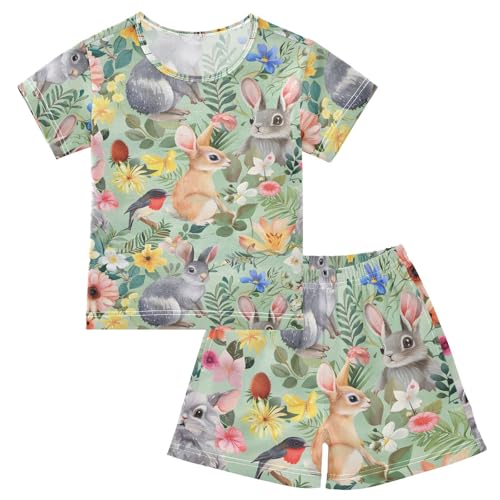 ALAZA Animal Bird Rabbit Blossom Pajamas Short Sleeve 2 Piece Sleepwear Top and Bottom Pajama Set Unisex