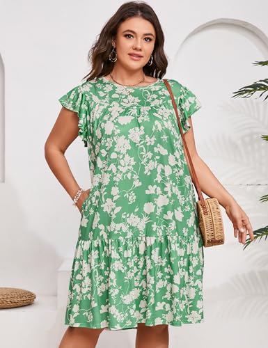 Image of ShopWonder Womens Plus Size Dress Crew Neck Ruffle Sleeve Casual Swing Flowy Tiered Midi T Shirt Dresses with Pockets