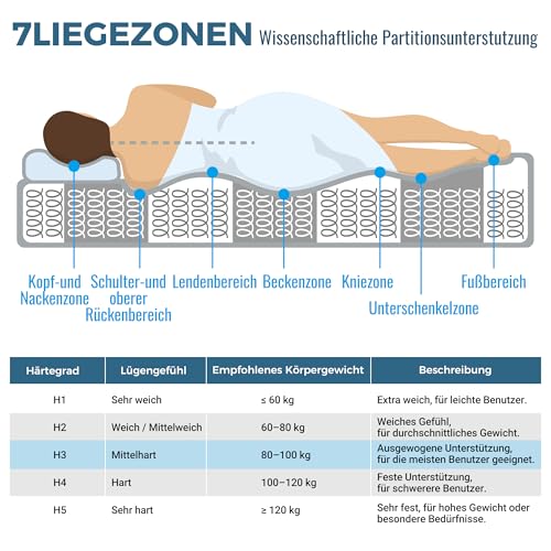 Generisch Orthopädische Kaltschaummatratze 160x200 cm H3 (mittelfest) 7-Zonen Taschenfederkern 20 cm Höhe Oeko-TEX Zertifiziert atmungsaktiv für Stauballergiker bis 280 kg Belastbarkeit – Bild 8