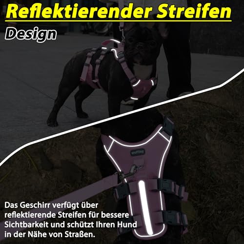 Wuffley Hundegeschirr mit Leine, Sicherheitsgeschirr Hund Ausbruchsicher, Anti Zug Hundegeschirr mit Assistenzgriff und Reflektierende, Leichtes Verstellbare Geschirr für Mittelgroße Hunde (Rosa,XS)