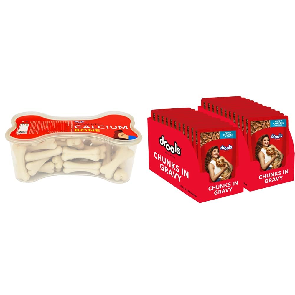 Drools Absolute Calcium Bone Jar, Dog Supplement - 40 Pieces (600gm) & Puppy Wet Dog Food, Real Chicken and Chicken Liver Chunks in Gravy, 24 Pouches (24 x 150g) (B08Q5N3P6S) Amazon Price History, Amazon Price Tracker