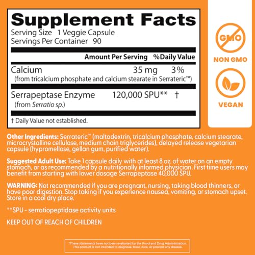 Image of Doctor's Best Serrapeptase Supplement for Men & Women - Proteolytic Enzyme for Sinus & Immune Health Support, 120,000 SPU per Veggie Capsule, High Potency Formula, Non-GMO, Vegan - 90 Veg Caps