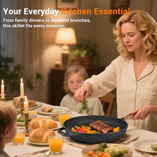 Bachdomc 12" Cast Iron Skillets with Lid & Removable Wooden Handle, Pre-Seasoned Frying Pan for Stove, Oven, Grill & Campfire Cooking (1, 12")