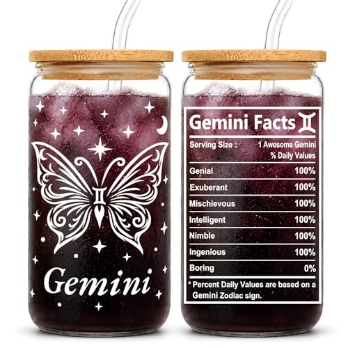 FatWongcoi Gemini Birthday Gifts for Women - 16oz Gemini Zodiac Glass Cup - Astrology Coffee Mug for Her - Constellation Tumbler for Coworker - Horoscope Gifts for Friend