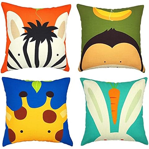 Freeas Children Pillow Covers 18x18 Inches Set of 4 Cotton Linen Lovely Animal Pattern Couch Pillow Covers for Child's Bedroom Home Decor Cover