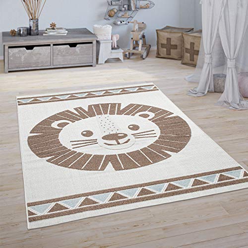 Kids Rug Happy Lion Face Play Mat with High-Low Effect in Beige, Size: 6'7