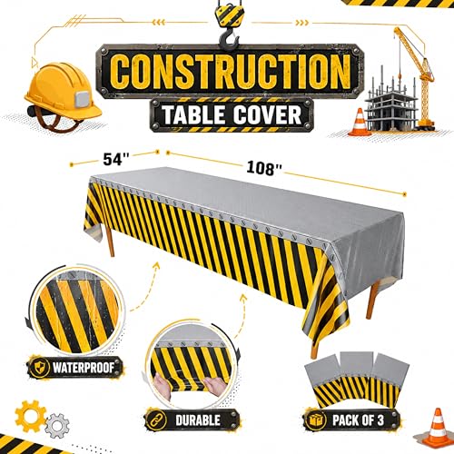 Image of Blue Orchards Construction Table Covers (Pack of 3) - 54 inchx108 inch XL Construction Birthday Party Supplies, Caution Theme Rectangle Disposable Plastic Tablecloths for Event Party Decoration
