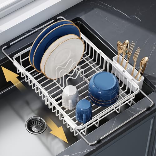 Image of JASIWAY White Dish Drying Rack Over the Sink with Utensil Holder