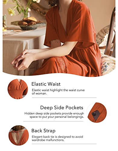 Image of Olaesa Boho Maxi Dress V Neck Short Sleeve Lace Smocked Waist Flowy Dress | Wedding Guest Dress with Pockets, Summer Bohemian Vacation Dress, Elegant Party Dress for Family photo& Baby Shower