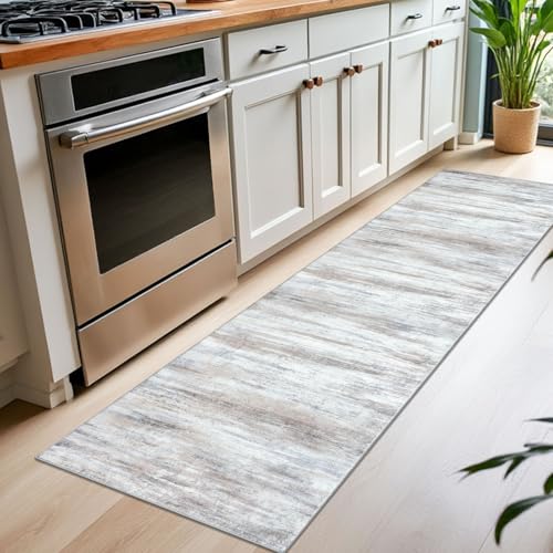 KOZYFLY Modern Abstract Runners for Hallways, 2x7 Kitchen Rugs Non-Slip Washable Soft Striped Kitchen Runner Rugs, Print Distressed Beige Carpet Runner for Entryway Bathroom Laundry Room Foyer