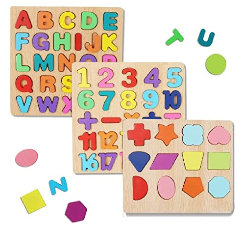 KIDDOVATIVE 3 in 1 Wooden Puzzles for Toddlers | Educational Board Game ABCD Alphabets, Numbers & Shapes Puzzles | Toddler Learning Puzzle Toys for Kids 1-3 Years Old | Early Education Gift for Kids