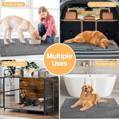 Image of Absorbent Dog Door Mat for Muddy Paws, 60 inch x 30 inch Chenille Indoor Mats for Entryway, Trap Dirt Front Door Mat Indoor Entrance Washable Non Slip Soft Light Grey