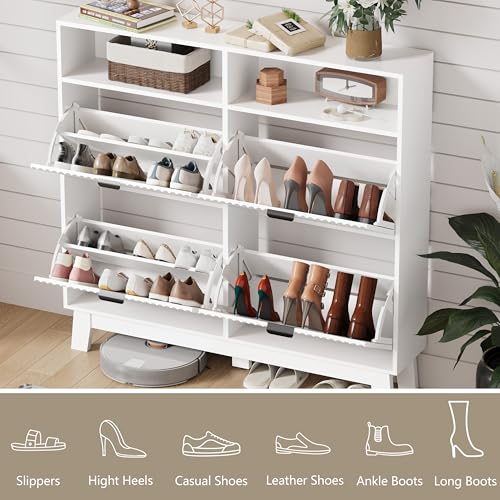 Image of Shoe Cabinet Storage for Entryway with 4 Flip Drawers, Fluted Narrow Shoe Organizer with Wooden Legs & Top Cubby, Freestanding Slim Shoe Storage Hidden Shoe Rack for Front Door Entrance, White