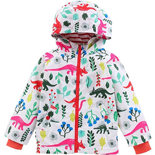 Kisbini Girls' Cartoon Dinosaur Jacket For Kids Boy Girl Windproof Pants Lightweight Hood Windbreaker Outwear (4T, White-Jacket) #TOP10