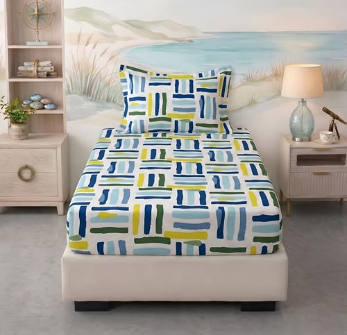 Image of BSB HOME 220 TC Cotton Fitted Single Bedsheet with 1 Pillow Cover, Soft Breathable, Elastic Fit, Fade Resistant, Easy Care - 36 x 72 + 6 Inches (Ocean Breeze Multi)