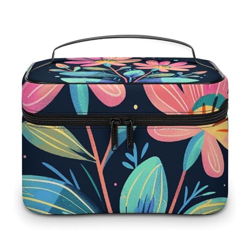 Bolsa de maquillaje de hojas rojas con compartimentos para organizar tus viajes