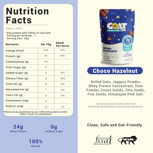 Image of GOAT Life Overnight Oats (60g) | 20g Protein | High Fibre | Nutrient-Rich | No Sugar | Supports Weight Management & Muscle Recovery | Instant Breakfast (Pack of 1, Choco Hazelnut)