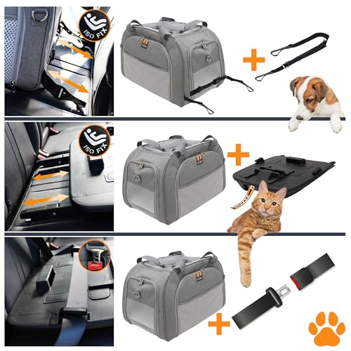 MY DUQUE – Modell CAR-GO Faltbare Hundebox und Transportbox für Katzen | ISOFIX für einfachen Einbau im Auto | Erweiterbare Hundetransportbox mit Zugriff vorn & hinten – Ideal für Flugreisen – Grau